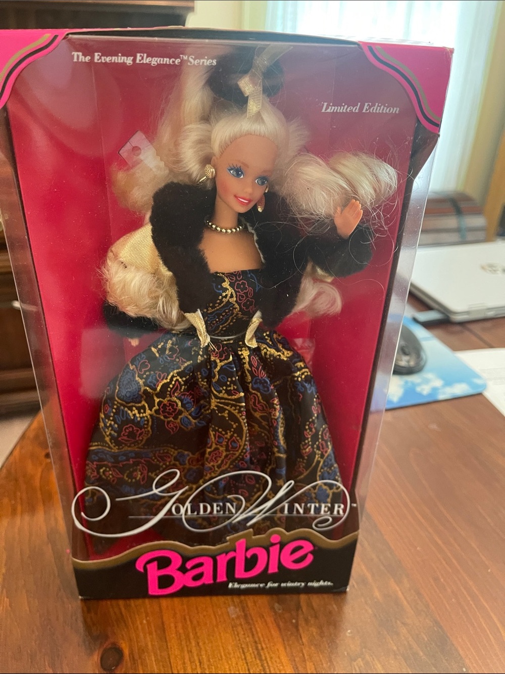 Mattel Barbie Golden Winter Doll in Black and Gold Paisley Gown